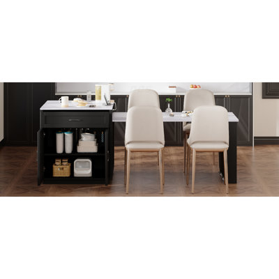 Îlot de cuisine de 82,7 po avec table de salle à manger extensible pour 4 à 6 personnes, table de cuisine en similibable avec rangement double, prise de courant, îlot de cuisine avec rangement 2 tiroirs et 2 tablettes latérales ouvertes, noir, îlot de cuisine