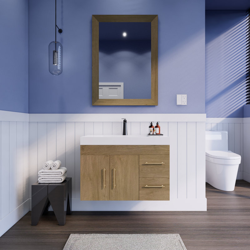 35.44'' Single Bathroom Vanity with Acrylic Top, White Oak