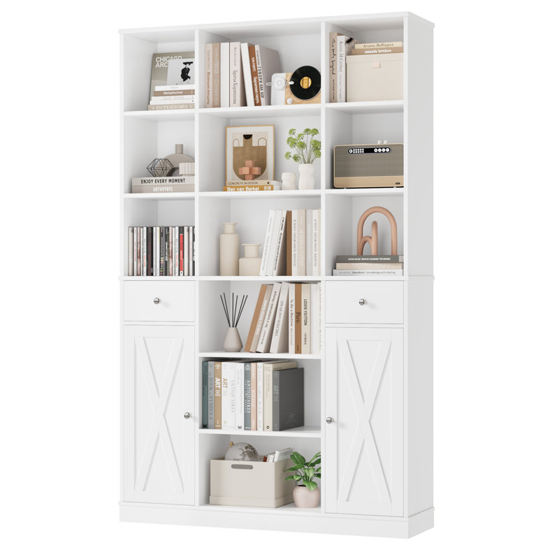 Bibliothèque 74,2 "H avec 12 tablettes ouvertes, 2 tiroirs et 2 armoires, Blanc