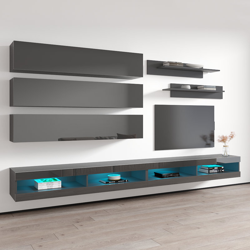 Meuble audio-vidéo mural flottant de 126 po avec éclairage à DEL 16 couleurs Loney Loney, Gris