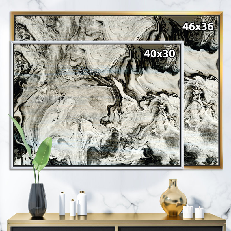 Blanc, gris et blanc peint à la main en marbre acrylique - reproduction d'art sur toile, H 30 po x l 40 po x 1,5 po