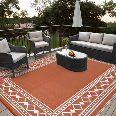 Waterproof Reversible Outdoor Rug 9x18ft – Large Plastic Straw Patio Carpet – UV Resistant, Easy Clean, Modern Edgeed Design – For RV, Camping, Deck, Beach – Terracotta Orange/White, USA