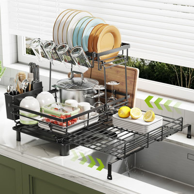 2-Tier Expandable Dish Drying Rack for Kitchen Counter, Large Capacity Dish Rack Organization, Heavy-Duty Carbon Steel, 17 lbs Capacity, Swivel Drain Spout & Cup Hooks, (Black)