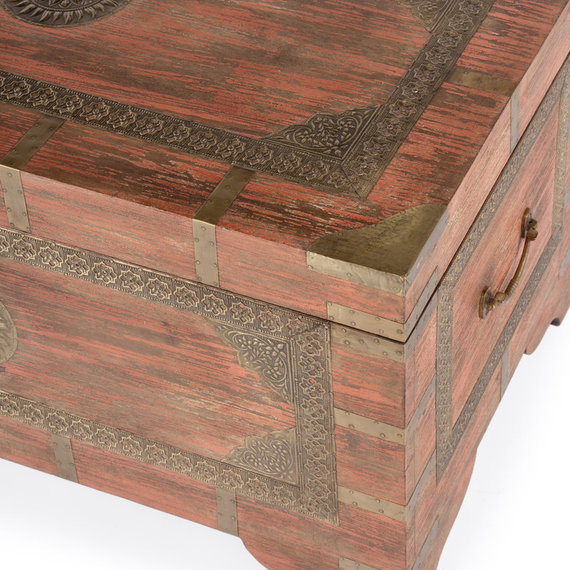 Nador Hand-Painted Brass Inlay Storage Trunk Coffee Table, Coral/ Gold