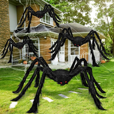 Décorations d'Halloween en forme d'araignée géante pour l'extérieur de 4 pi 3 po - 3 pi / 4,1 pi / 5 pi - Grande et grande fausse araignée réaliste en peluche pour l'intérieur ou l'extérieur de la cour
