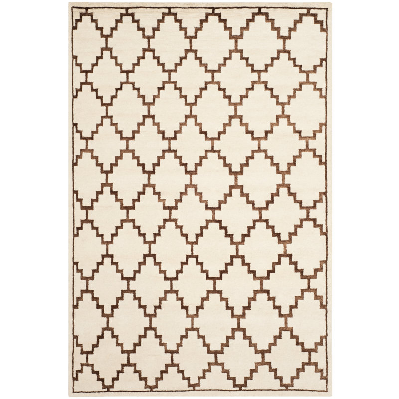 Ivory and Brown Hand-Knotted Wool Geometric 8' x 10' Rug
