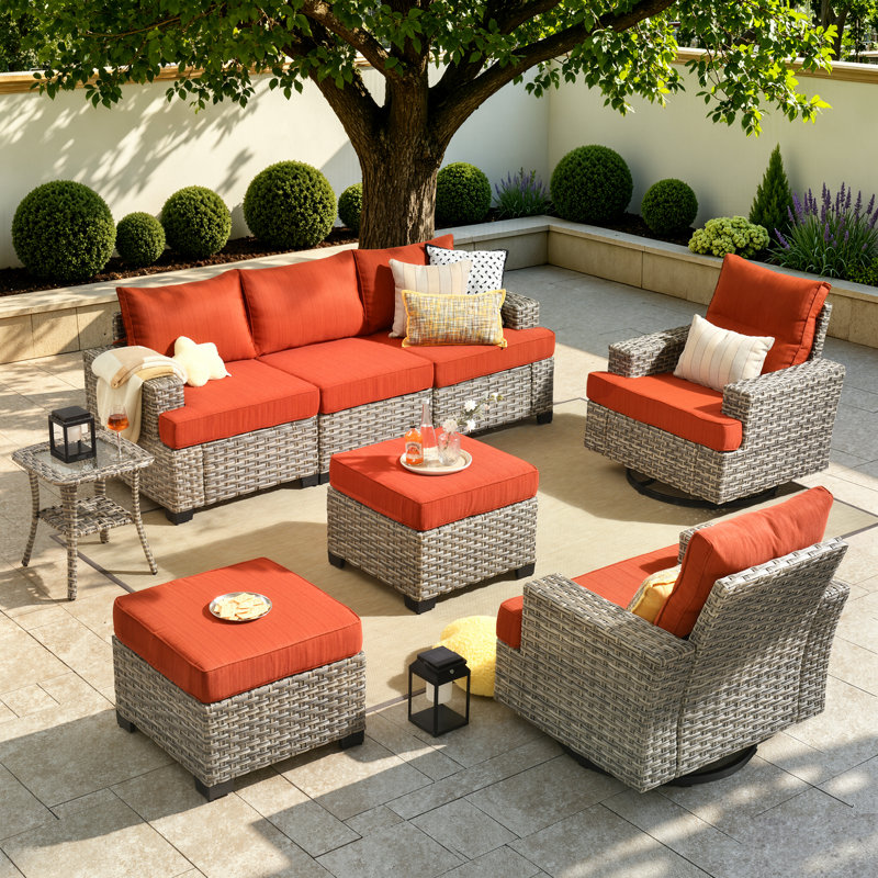 Tommy 7 Person Wicker/rattan Sofa Seating Group With Cushions, Orange, No