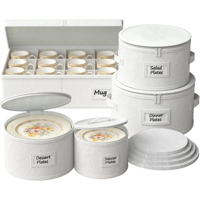Contenants de rangement en porcelaine, contenants de rangement pour vaisselle en coquille rigide avec 48 séparateurs en feutre, organisateurs de vaisselle 5 pièces pour assiettes, soucoupes et tasses, parfaits pour le rangement saisonnier et les fournitures de déménagement