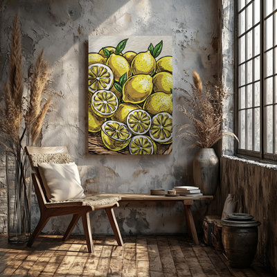 Canvas A Vibrant Close Up Illustration Of A Pile Of Fresh Wall Art Lemons Showcasing Both Whole And Sliced Lemons With Their Bright Canvas Wall Art