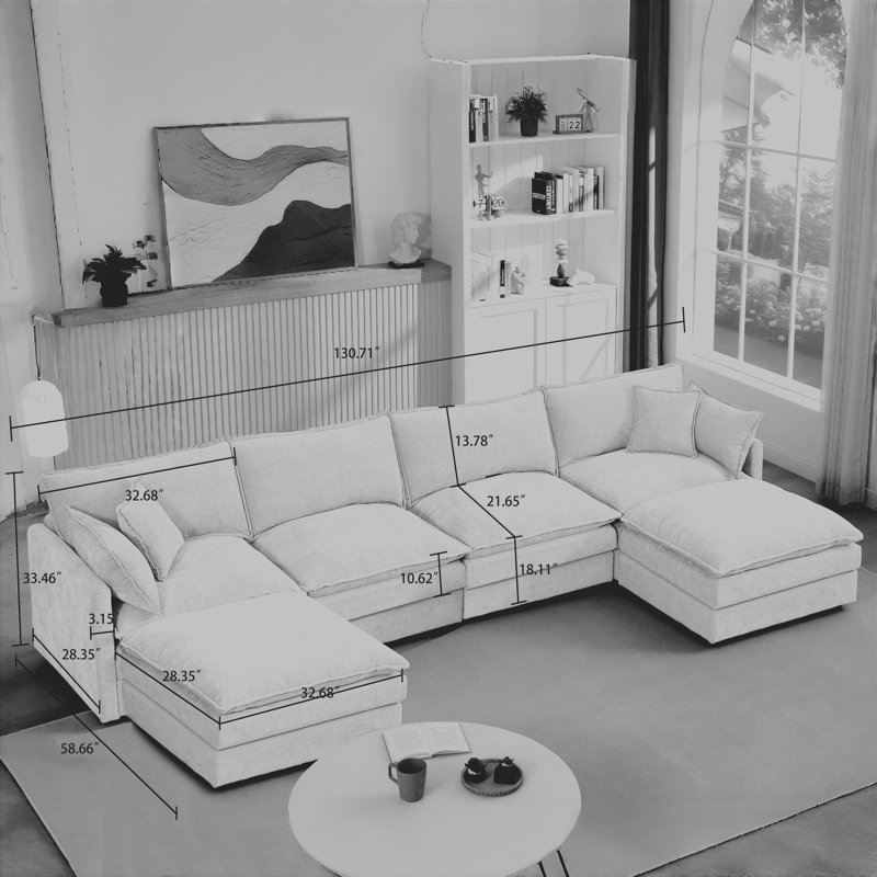 130.7" U-Shaped Modular Sectional Sofa, 4-Seater Comfy Chenille Cloud Couch With 2 Movable Ottomans, Green