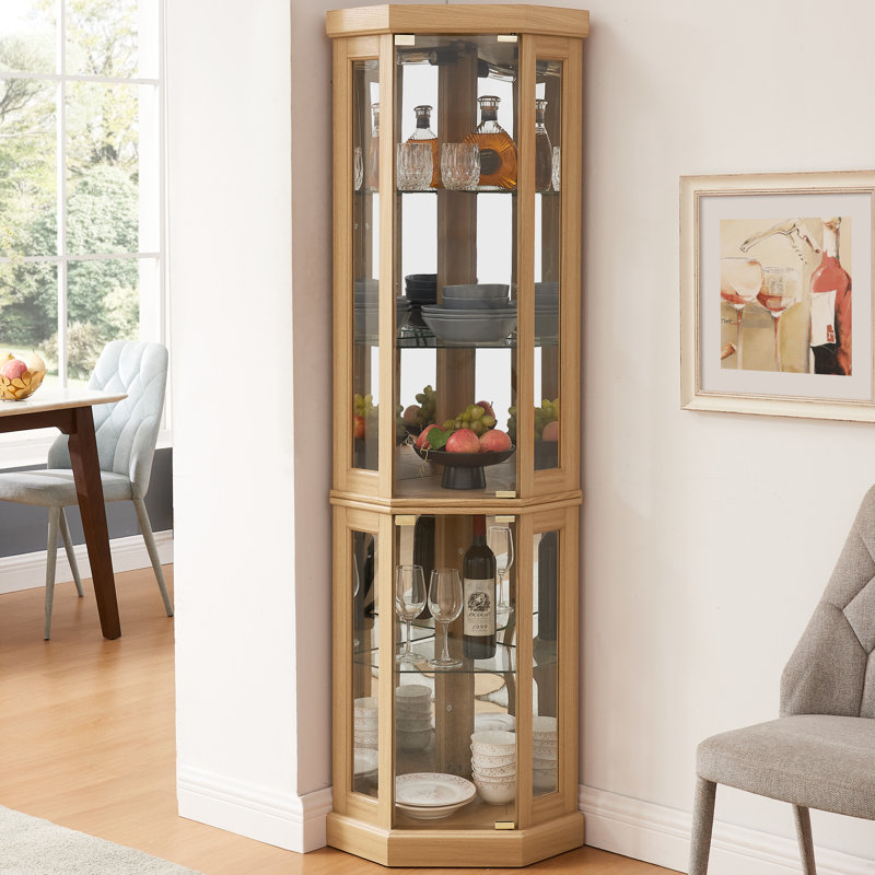 Oak Curio Showcase - Exquisite Design With Toppling And Illumination Corner Storage Unit Lighted In Stylish Adjustable Shelves