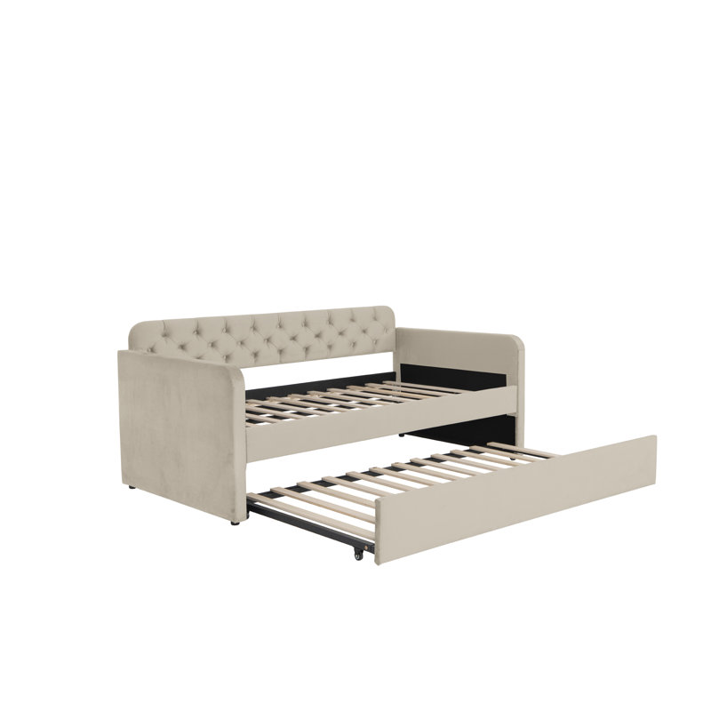 Twin Size Upholstered Daybed With Trundle And USB Charging Design, Velvet Upholstered Daybed Frame, Twin Sofa Bed For Living Room Bedroom, No Box Spring Needed,Plush Velvet Fabric LIGHT BEIGE