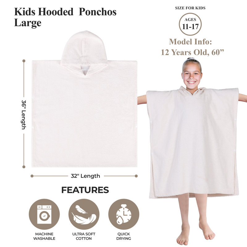 Extli Cotton Terry Cloth Above Knee Kids Unisex Bath Towels with Pockets and Hood, Ivory, L
