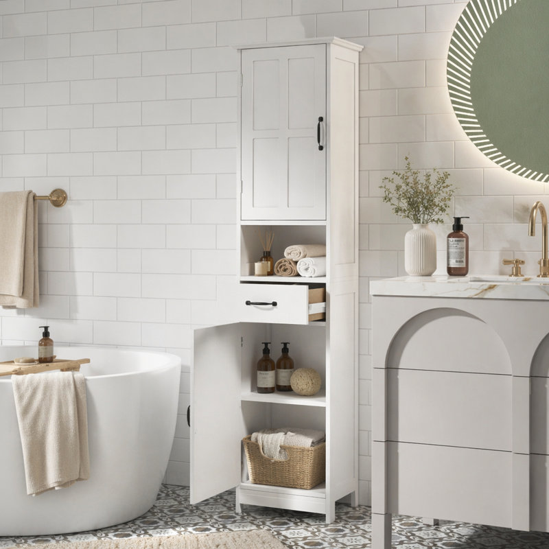 Armoire de rangement pour salle de bain mince kleankin, grande armoire de salle de bain, tour à linge avec tablette ouverte, tiroir, portes encastrées et tablettes réglables, blanc