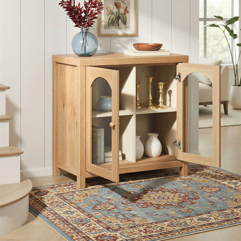 Eilisha Modern Arched Glass Accent Cabinet, English Oak
