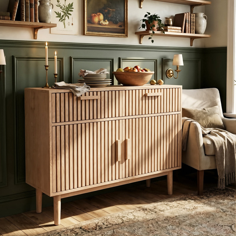 100cm W Nordic Slatted Sideboard, Slim 35cm Storage Cabinet with Hollow Drawers & Soft-Close Doors, Natural Oak & Walnut Finish