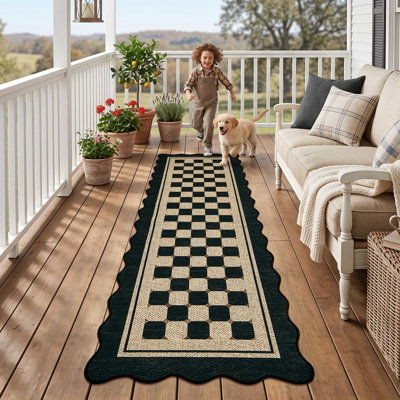 Tapis festonné Easy Jute - à carreaux modernes - Tapis antidérapant lavable pour le salon, la chambre à coucher, la salle à manger, la cuisine, le porche, le vestibule