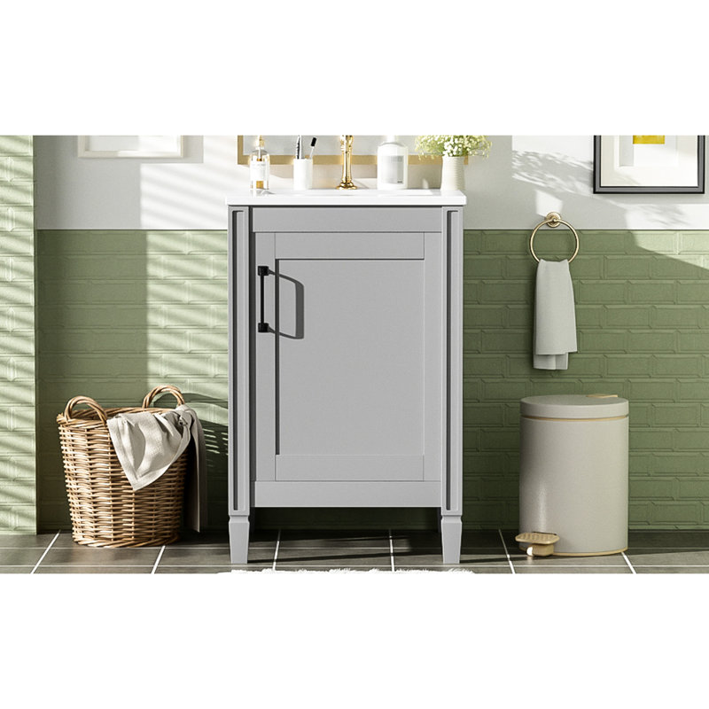 Meuble-lavabo autoportant gris de 20 po avec lavabo en céramique, porte à fermeture en douceur et tablettes doubles pour petites rangements avec poignées en alliage de zinc, échelle compacte en forme de U pour portes