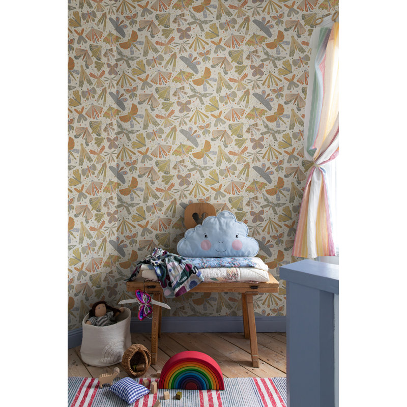 Kandra Flyga Butterfly and Dragonflies 10.05m x 53cm Wallpaper Roll, Dark Blue/Orange/Pink