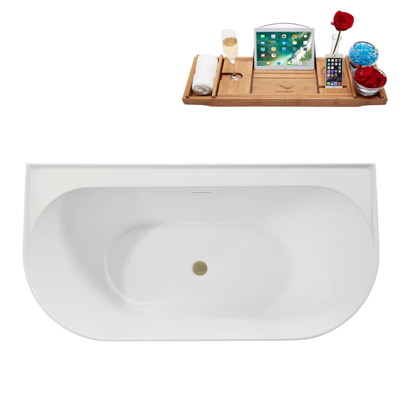 63" Streamline Soaking Freestanding Tub and Tray With Internal Drain, Brushed Brass