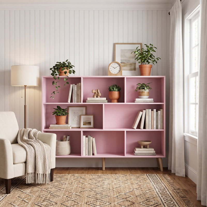 Jaen Solid and Manufactured Wood Cube Bookcase, (8 Shelves) 42.5" H x 55.1" W x 9.4" D, Pink Blossom