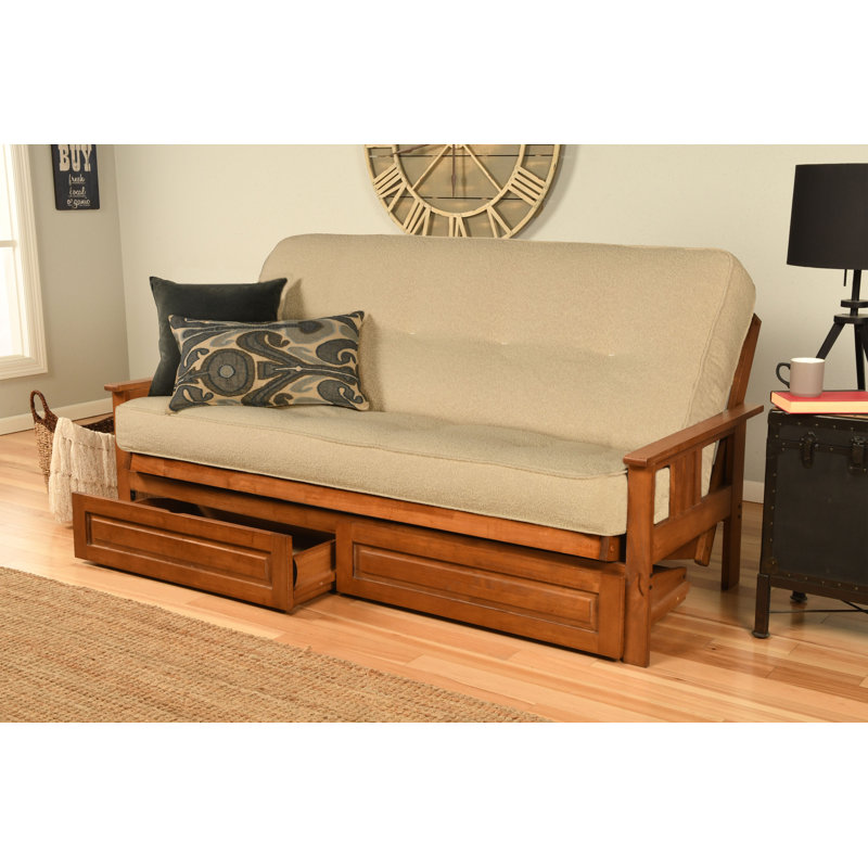 La base de futon pleine grandeur Stratford comprend des tiroirs de rangement et un matelas, Premium Pocket Coil, Canton crème