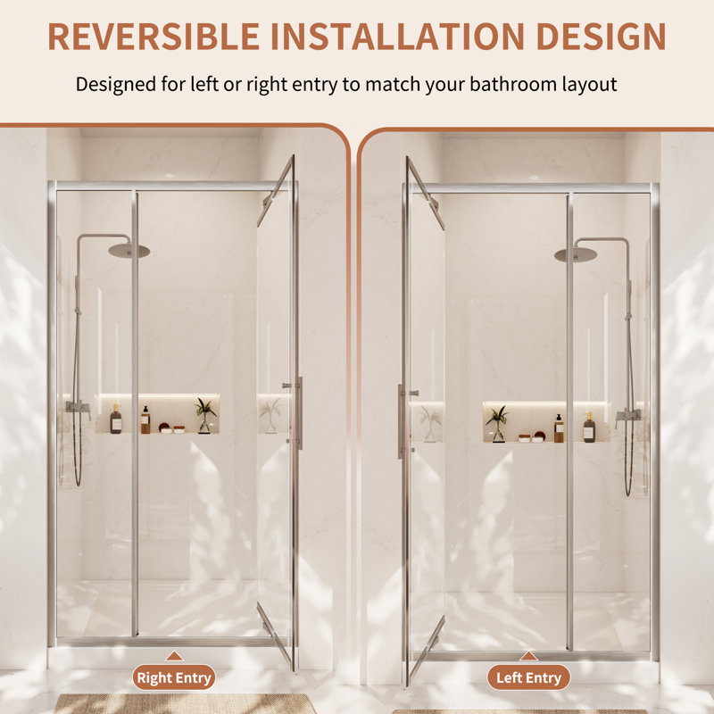 Porte de douche pivotante vers l'intérieur à faible encombrement l 40 à 42 po x H 76 po, nickel brossé, verre clair de 1/4 po.