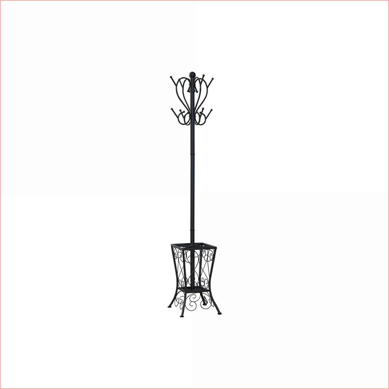 Coat Racks Hall Tree with 8 Hooks &amp; Umbrella Holder, 71"H Transitional | Black | Metal