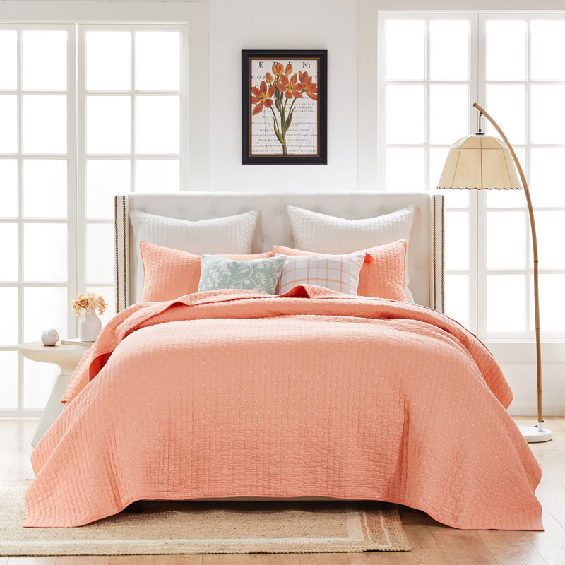 Textured Solid Coverlet Set, King Quilt + 2 King Shams, Coral