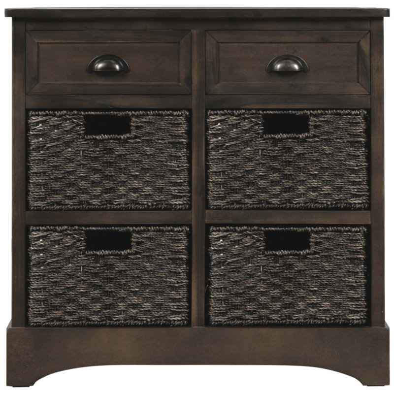Armoire de rangement rustique avec deux tiroirs et quatre paniers en rotin classique, Gris brun