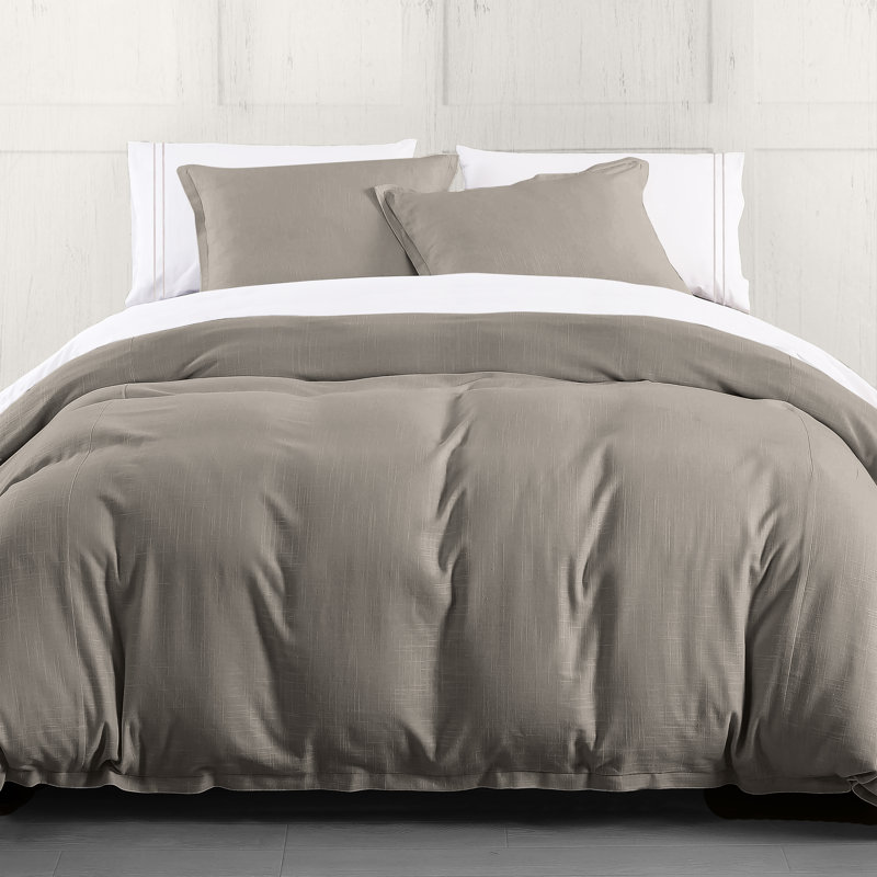 Hera Washed Linen Flange Modern Rustic Classic Chic Duvet Cover Set, Queen Duvet Cover + 2 Standard Shams, Taupe
