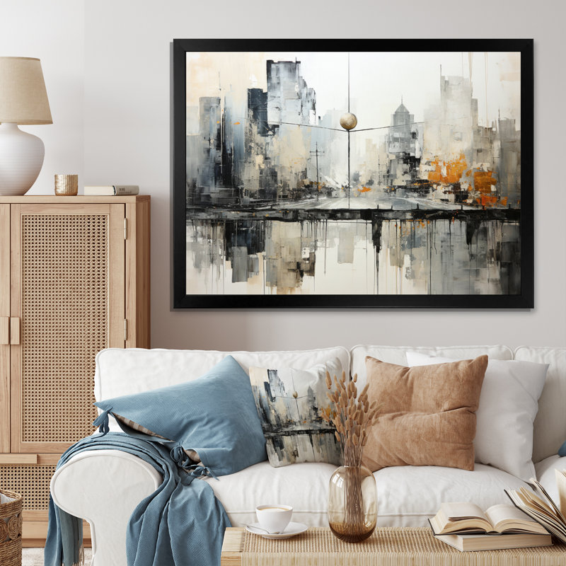 Paysage urbain abstrait I - impression, Cadre simple noir, H 34 po x l 44 po x P 1,5 po