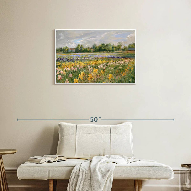 Chalets et champ d'iris, Cadre flottant blanc, 31 po x 21 po