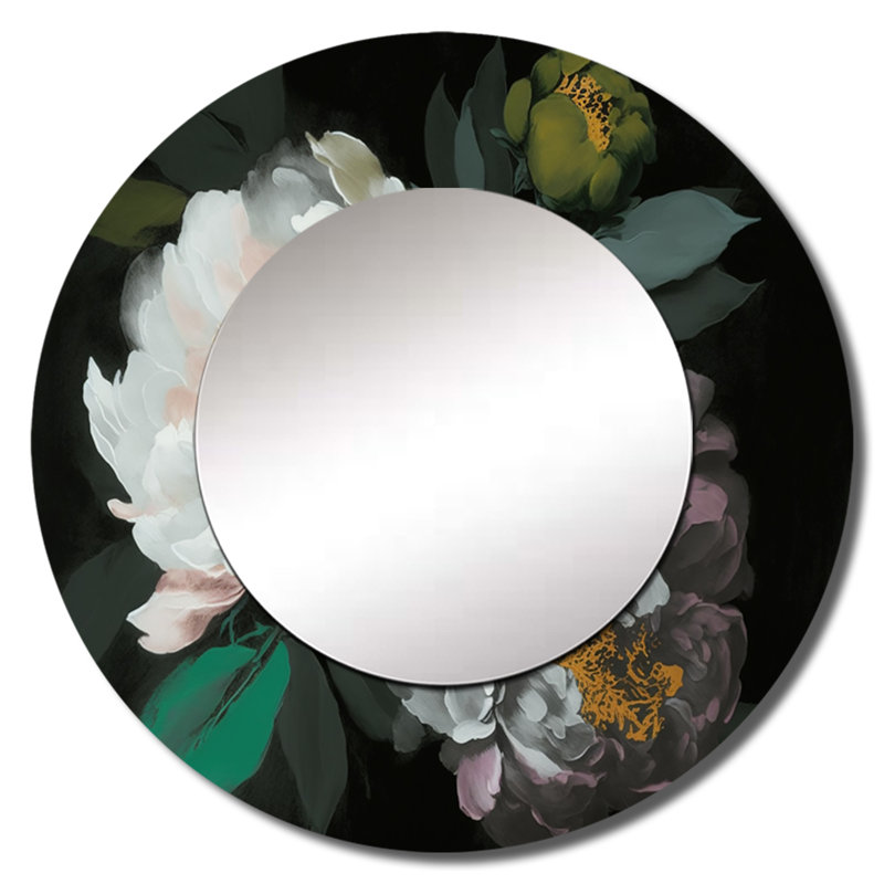 Pivoine blanche sur fond noir I - miroir de pivoine blanche, miroir mural décoratif rond, impression d'art en métal