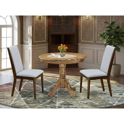 3 Piece Dining Set Contains a Round Kitchen Table with Pedestal and 2 Grey Linen Fabric Parsons Dining Chairs, 36x36 Inch, Natural