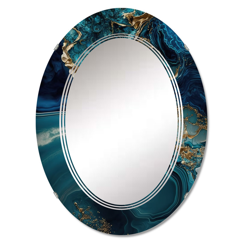 Qiyu - Géode abstraite turquoise I - Miroir mural abstrait en marbre, 30 po x 20 po