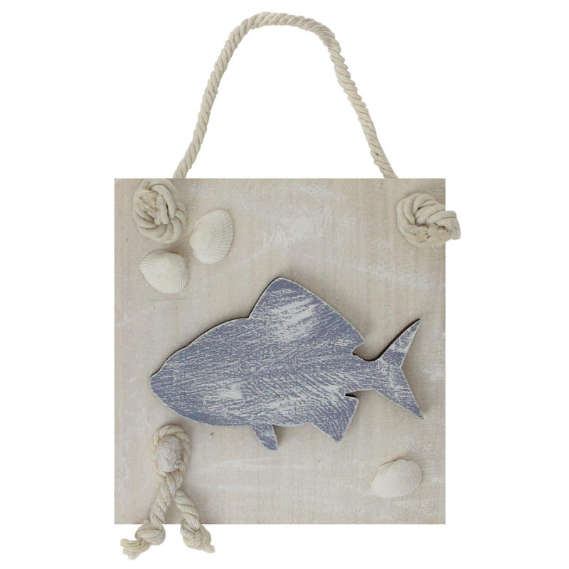 Plaque murale en forme de poisson d’inspiration Cape Cod 6 po bleu et blanc avec coquillages