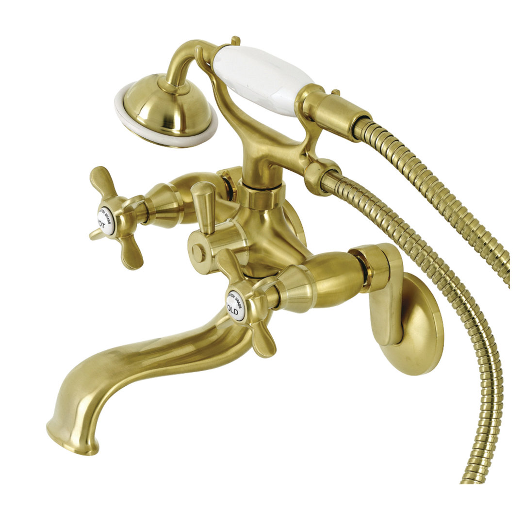 Kingston Brass Essex Three-Handle 2-Hole Wall Mount Clawfoot Tub Faucet with Handshower Kingston Brass 