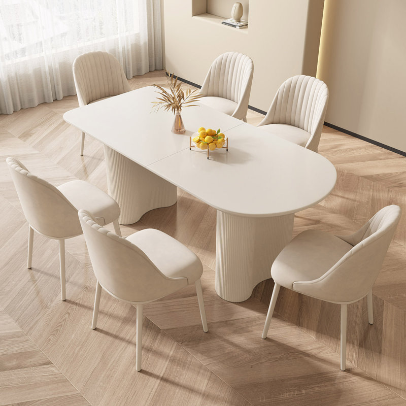 Pearlena 70.87" Modern Rectangle Cream White Dining Table Set with 6 Chairs for Kitchen, Bar, Living Room
