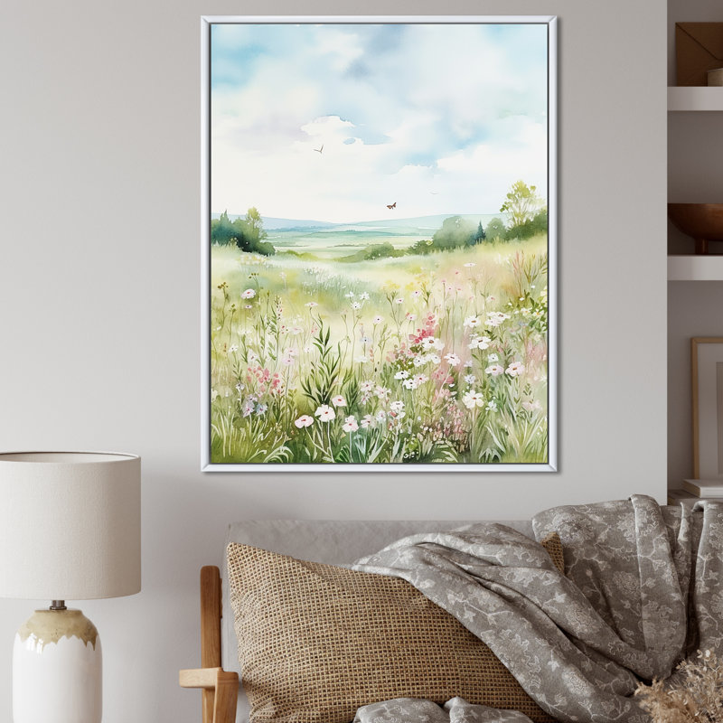 «Meadow Scenery Minimalisme Serenity I», reproduction, Cadre flottant blanc, H 32 po x l 16 po x P 1 po