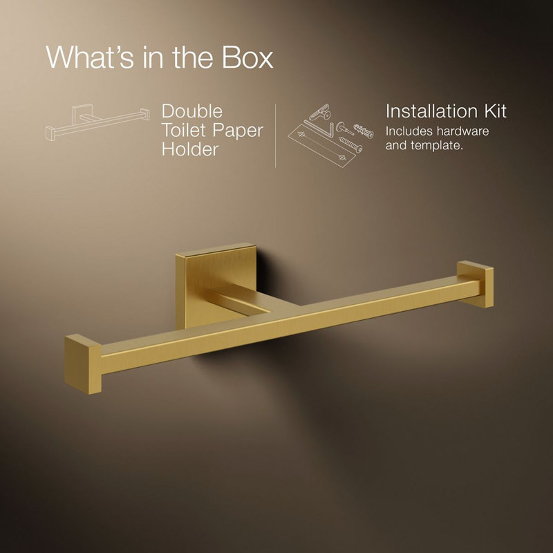 Square Double Toilet Paper Holder, Vibrant Brushed Moderne Brass