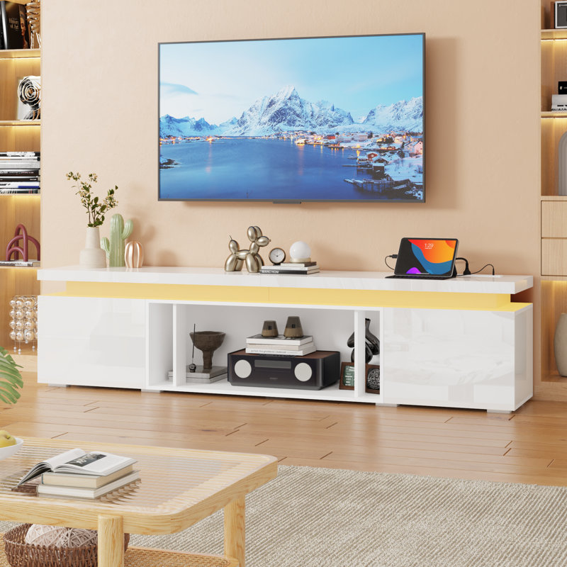 Meuble télé 83 po à haute brillance avec prise de courant et lumière DEL, Blanc, 20.4"H x 83"L x 17.7"W