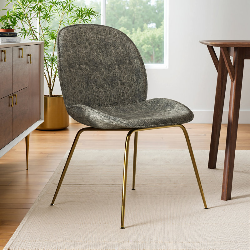 18'' H Fabric Upholstered Metal Side Chair, Dark Grey Basketweave, Gold