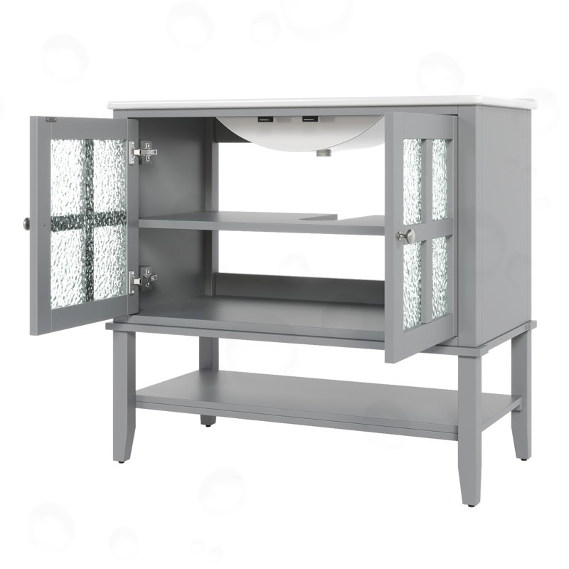 Meuble-lavabo avec tablette réglable et tablette ouverte, Gris