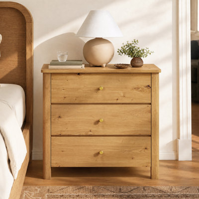 3 Drawer Wood Nightstand, Natural End Tables Fluted Dresser For Bedroom