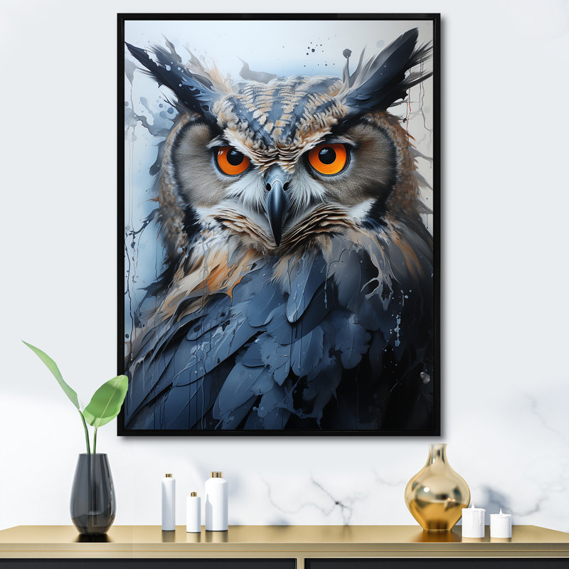 Hiboux aux yeux de la sagesse IV sur toile, Cadre flottant noir, H 32 po x l 24 po x P 1 po