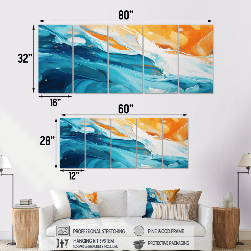 Savala - Encre liquide, art mural abstrait, toile 5 pièces, H 32 po x l 80 po