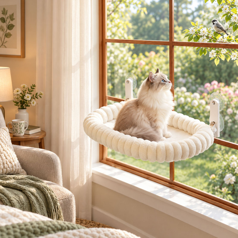 Large Foldable Cat Window Perch, Bolster Bed, Curtain-Friendly Metal Frame