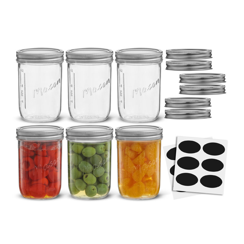 Pots Mason à large ouverture avec couvercles, étiquettes et mesures hermétiques Brightware - 16 oz - ensemble de 6