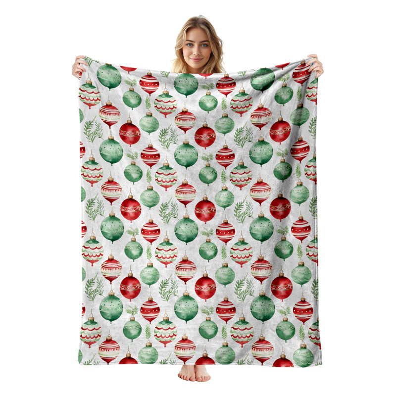 Plaid de Noël en flanelle polaire JYK, léger, respirant, doux et chaud en microfibre pelucheuse, 127 x 152 cm, boules de verre vintage